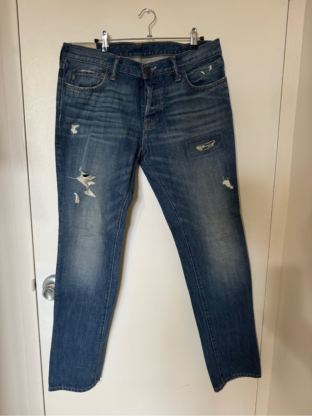 Abercrombie & Fitch Men's Skinny Jeans in Faded Blue with Distress Details